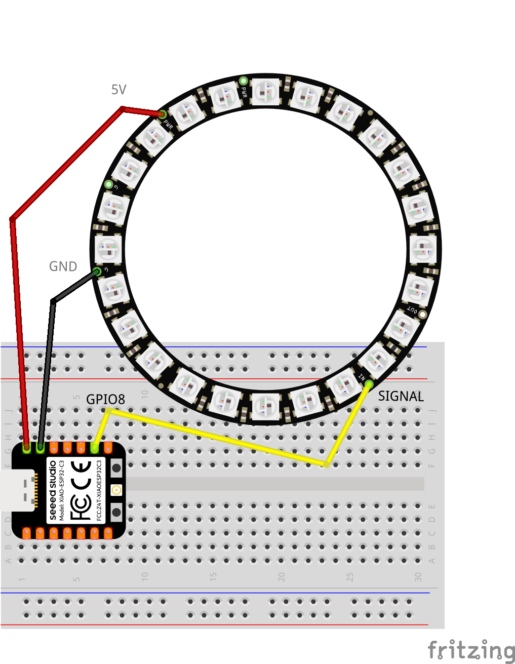 NeoPixel wiring diagram showing a XIAO ESP32C6 connected to a 24-LED ring via GPIO 8, 5V, and GND